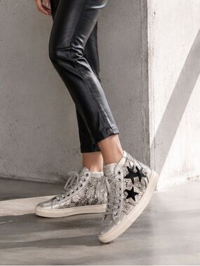 The Kooples Silver Snakeskin High-Top Sneakers with Black Star Accents